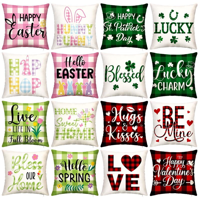 GlikCeil Set of 16 Easter Pillow Covers 18 x 18 Inch St. Patrick's Day Spring Pillowcase Holiday Throw Pillow Covers Valentine's Day Heart Clover Bunny Cushion Case Vintage Pillowcase for Home Decor - Image 1