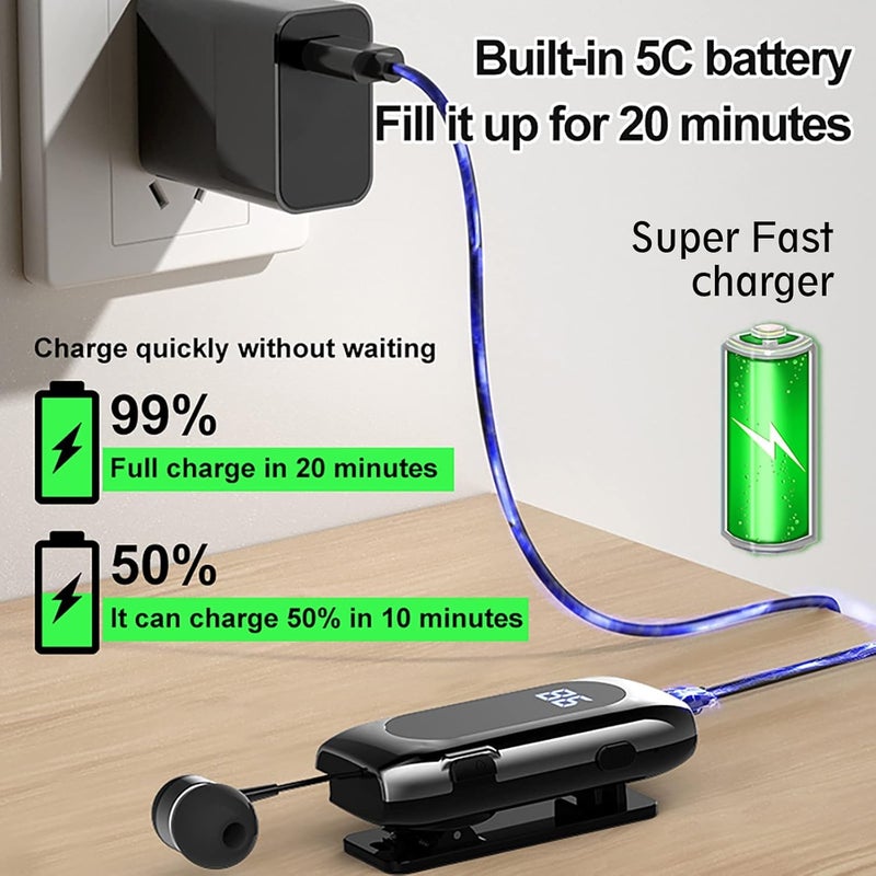 MAKINGTEC Retractable Bluetooth Headphones, Collar Clip Bluetooth Headsets Wireless Earphone Battery Display Quick Charger Handsfree Earbuds v5.2 with Microphone for Cell Phone (Black) - Image 3