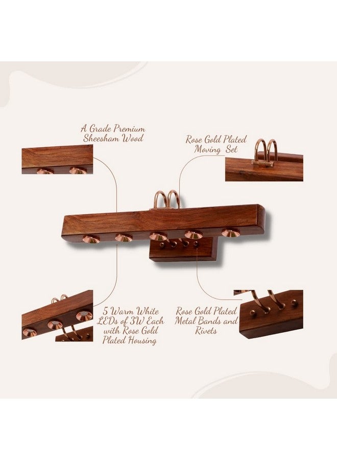 Green House Green House Handmade Sheesham Wood Picture/Mirror/Vanity/Dressing Table Light/Wall Lamp with In-Built 5 Warm White LEDs of 3W Each(15W), Rose Gold Plated Metal Bands, Brass Moving Set & Rivets for Living Room/Bedroom/Hallway  - Image 3