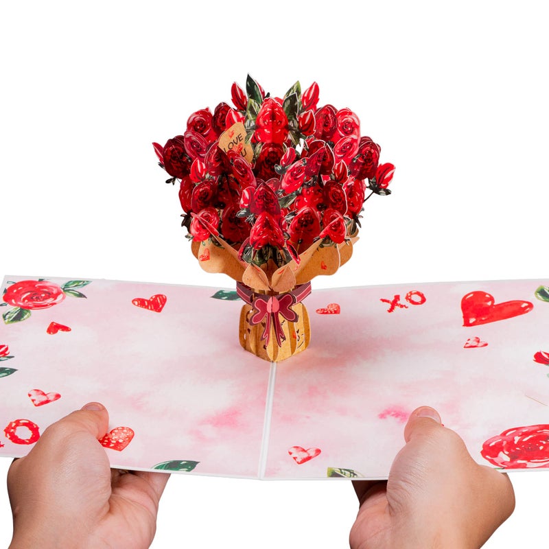 Paper Love Frndly by Paper Love 3D Roses Bouquet Pop Up Valentines Day Card, Gift for Valentines Day, Mothers Day, Birthday, Wedding, Anniversary, All Occasion - Handcrafted, 100% Recycled and Eco-Friendly, 8" x 6" Cover - Includes Envelope and Note Tag - Image 2