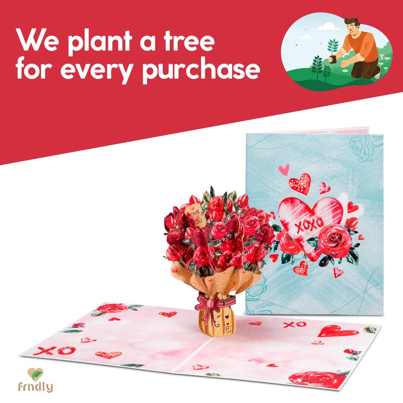 Paper Love Frndly by Paper Love 3D Roses Bouquet Pop Up Valentines Day Card, Gift for Valentines Day, Mothers Day, Birthday, Wedding, Anniversary, All Occasion - Handcrafted, 100% Recycled and Eco-Friendly, 8" x 6" Cover - Includes Envelope and Note Tag - Image 4