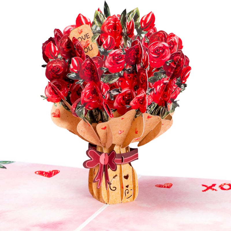 Paper Love Frndly by Paper Love 3D Roses Bouquet Pop Up Valentines Day Card, Gift for Valentines Day, Mothers Day, Birthday, Wedding, Anniversary, All Occasion - Handcrafted, 100% Recycled and Eco-Friendly, 8" x 6" Cover - Includes Envelope and Note Tag - Image 1