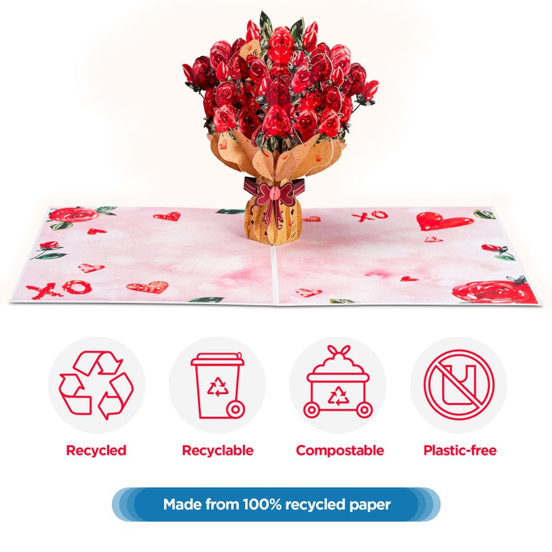 Paper Love Frndly by Paper Love 3D Roses Bouquet Pop Up Valentines Day Card, Gift for Valentines Day, Mothers Day, Birthday, Wedding, Anniversary, All Occasion - Handcrafted, 100% Recycled and Eco-Friendly, 8" x 6" Cover - Includes Envelope and Note Tag - Image 3