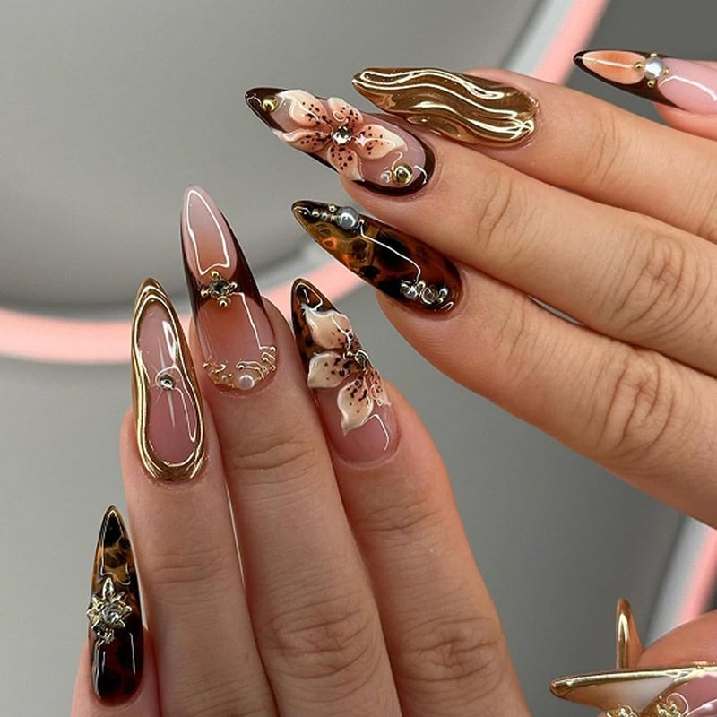 evpct 3D Press on Nails Medium Almond with Leopard & Flower Design, Sexy 3D French Tip Nail Press ons Glossy Stick on Nails for Women Reusable with Kit, Stick on Sexy Fake Nail with Designs Perfectly Fit - Image 1