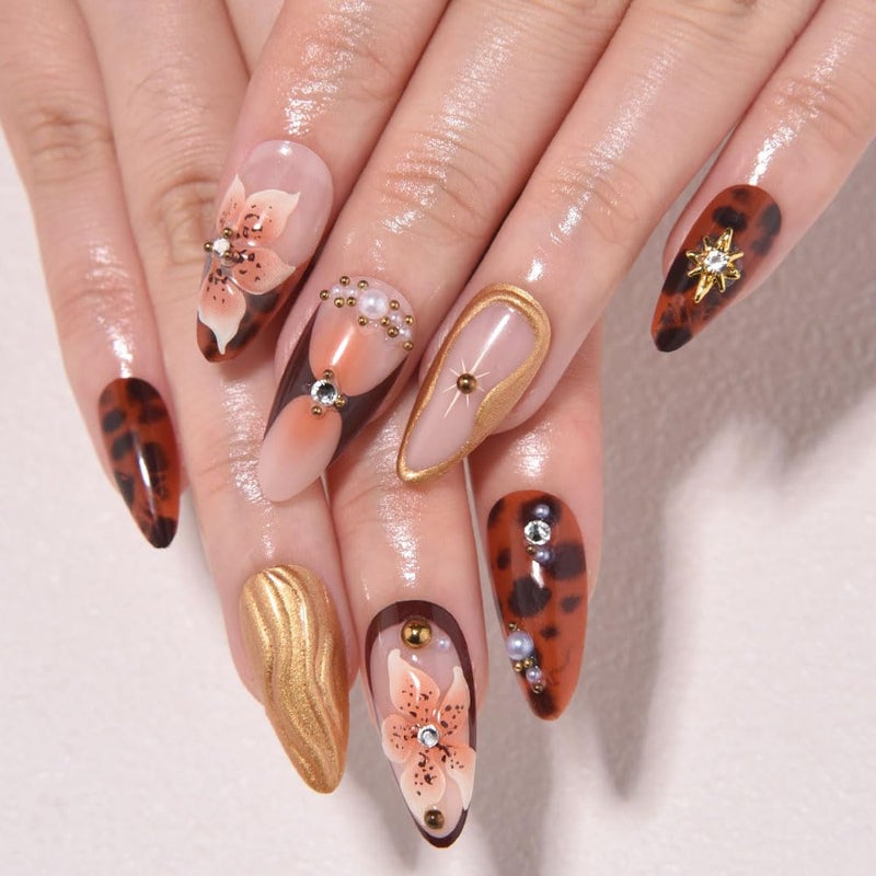 evpct 3D Press on Nails Medium Almond with Leopard & Flower Design, Sexy 3D French Tip Nail Press ons Glossy Stick on Nails for Women Reusable with Kit, Stick on Sexy Fake Nail with Designs Perfectly Fit - Image 2