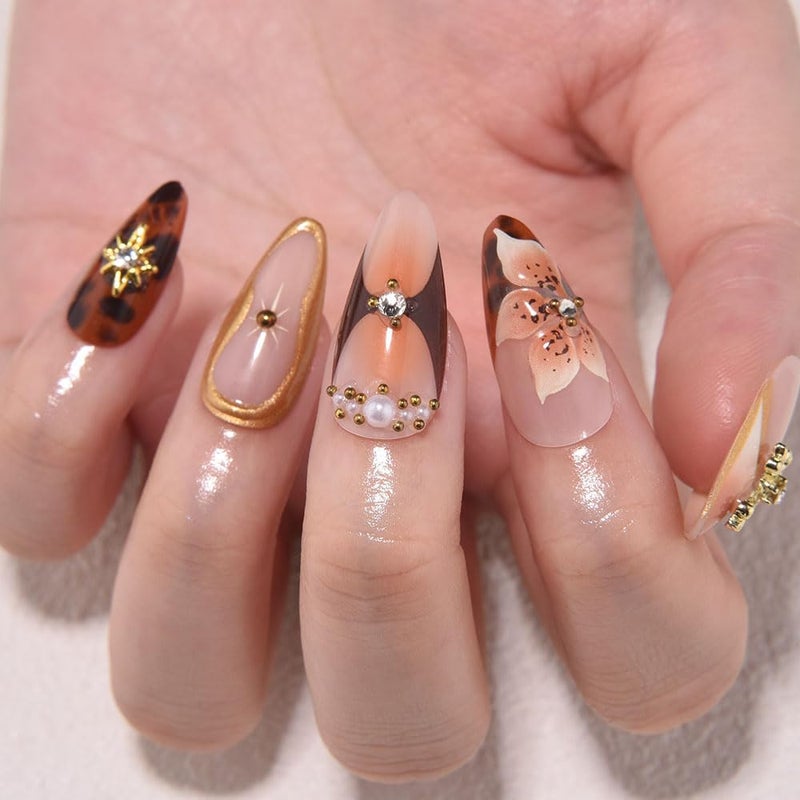 evpct 3D Press on Nails Medium Almond with Leopard & Flower Design, Sexy 3D French Tip Nail Press ons Glossy Stick on Nails for Women Reusable with Kit, Stick on Sexy Fake Nail with Designs Perfectly Fit - Image 4