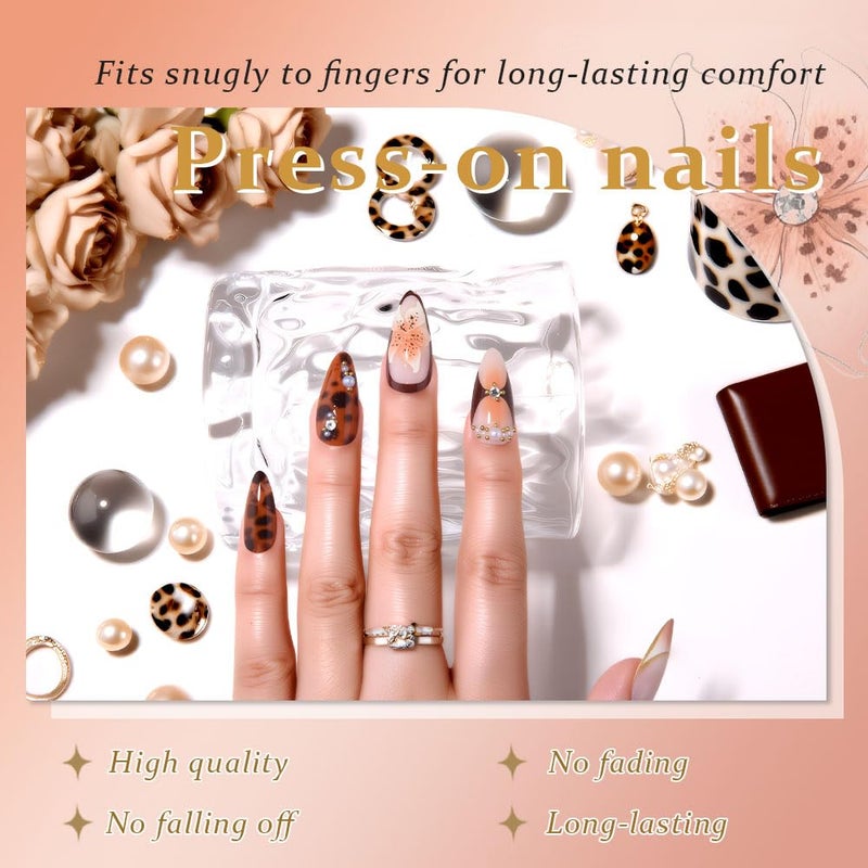 evpct 3D Press on Nails Medium Almond with Leopard & Flower Design, Sexy 3D French Tip Nail Press ons Glossy Stick on Nails for Women Reusable with Kit, Stick on Sexy Fake Nail with Designs Perfectly Fit - Image 5