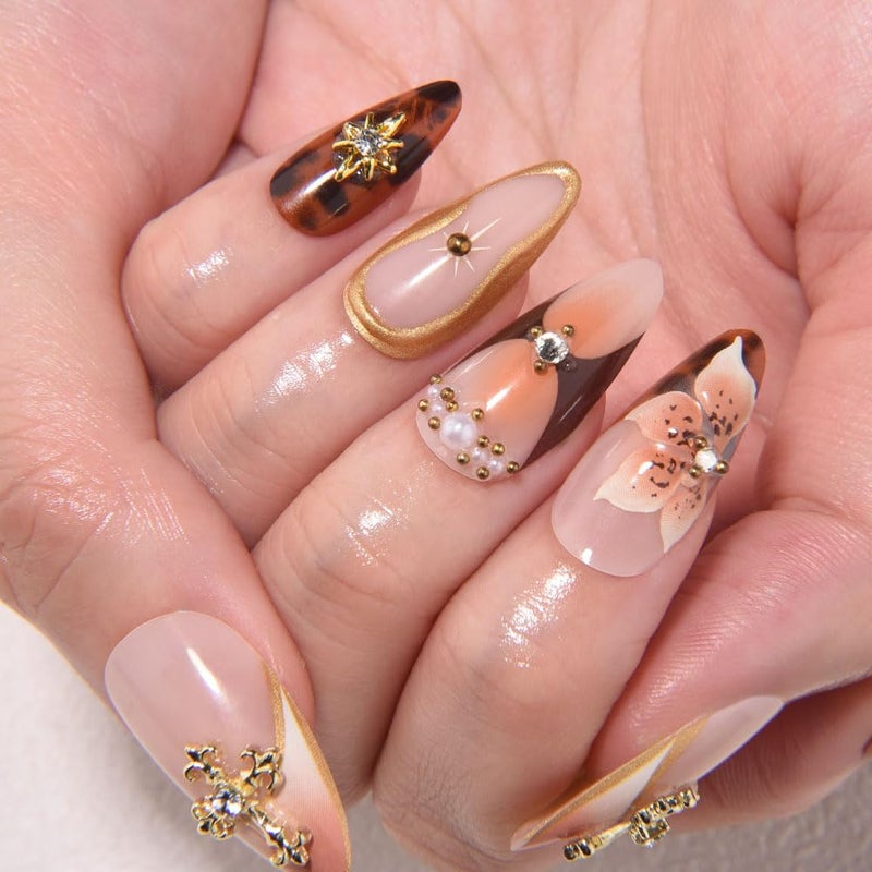 evpct 3D Press on Nails Medium Almond with Leopard & Flower Design, Sexy 3D French Tip Nail Press ons Glossy Stick on Nails for Women Reusable with Kit, Stick on Sexy Fake Nail with Designs Perfectly Fit - Image 3