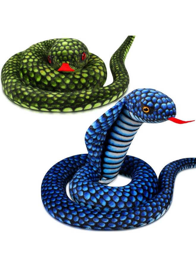Zhanmai 2 Pack 43 Inches Cobra Snake Animal Plush Toy Large Realistic Cobra Snake Plush Stuffed Animal Toy Naja Cobra Plush Toys Snake For Birthday Party Gifts Prank Props(Green Blue) - Image 2