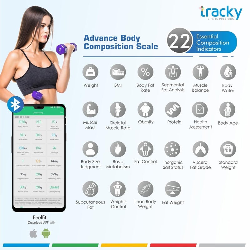 Tracky ميزان تكوين الجسم المتقدم مع 8 أقطاب كهربائية | 22 معلمة أساسية للجسم | تحليل مقطعي كامل للجسم | محلل الدهون الذكي للجسم - Image 3