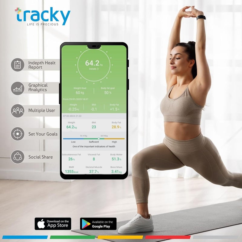 Tracky ميزان تكوين الجسم المتقدم مع 8 أقطاب كهربائية | 22 معلمة أساسية للجسم | تحليل مقطعي كامل للجسم | محلل الدهون الذكي للجسم - Image 5