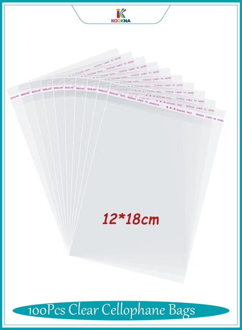 KOOKNA 100Pcs Plastic Bag Self-Sealing, Candy Bags Cookies Bag for Bakery, Resealable Clear Cellophane Pouches, Moisture-Proof and Crystal Clear Visibility, 12x18cm (100 Pcs) - Image 1