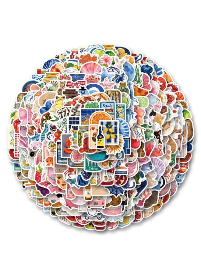 CPORER 300Pcs Mediterranean Diet Stickers Cartoon Summer Watercolor Stickers Pack Aesthetic Sticker Vinyl Waterproof Decal for Laptop, Water Bottle, Skateboard, Scrapbooking for Girl Kids Teens Adult - Image 1