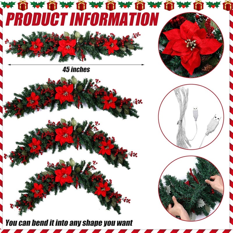 Sliner 2 Pack 45 Christmas Swag for Front Door LED Poinsettia Artificial Swag Garland Decoration with Pine Berries for Indoor Outdoor Window Wall Fireplace Mantle Xmas Home Hanging Decor - Image 2
