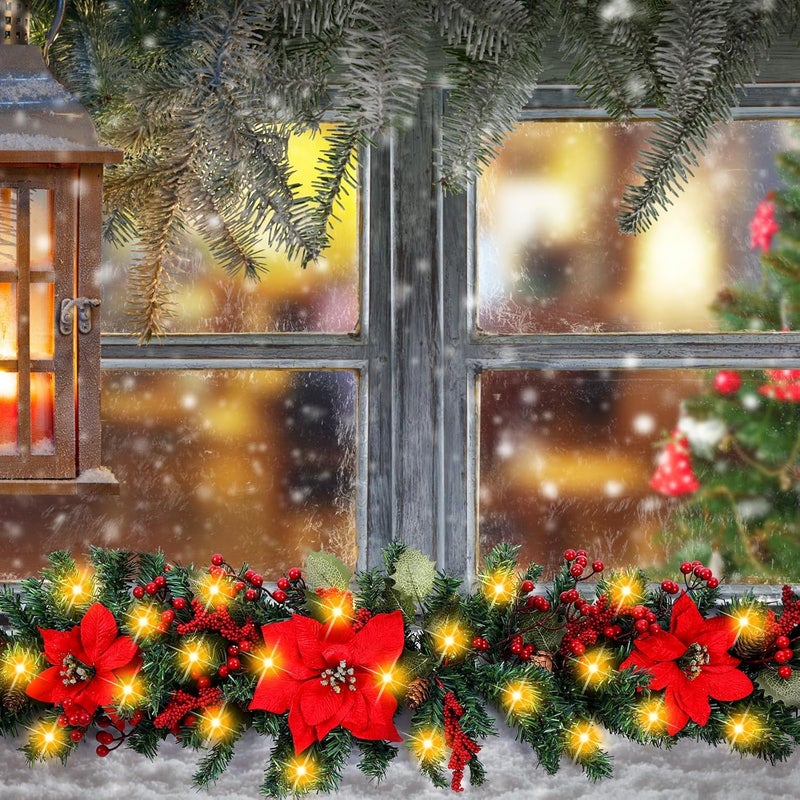 Sliner 2 Pack 45 Christmas Swag for Front Door LED Poinsettia Artificial Swag Garland Decoration with Pine Berries for Indoor Outdoor Window Wall Fireplace Mantle Xmas Home Hanging Decor - Image 5