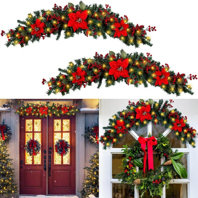 Sliner 2 Pack 45 Christmas Swag for Front Door LED Poinsettia Artificial Swag Garland Decoration with Pine Berries for Indoor Outdoor Window Wall Fireplace Mantle Xmas Home Hanging Decor - Image 1