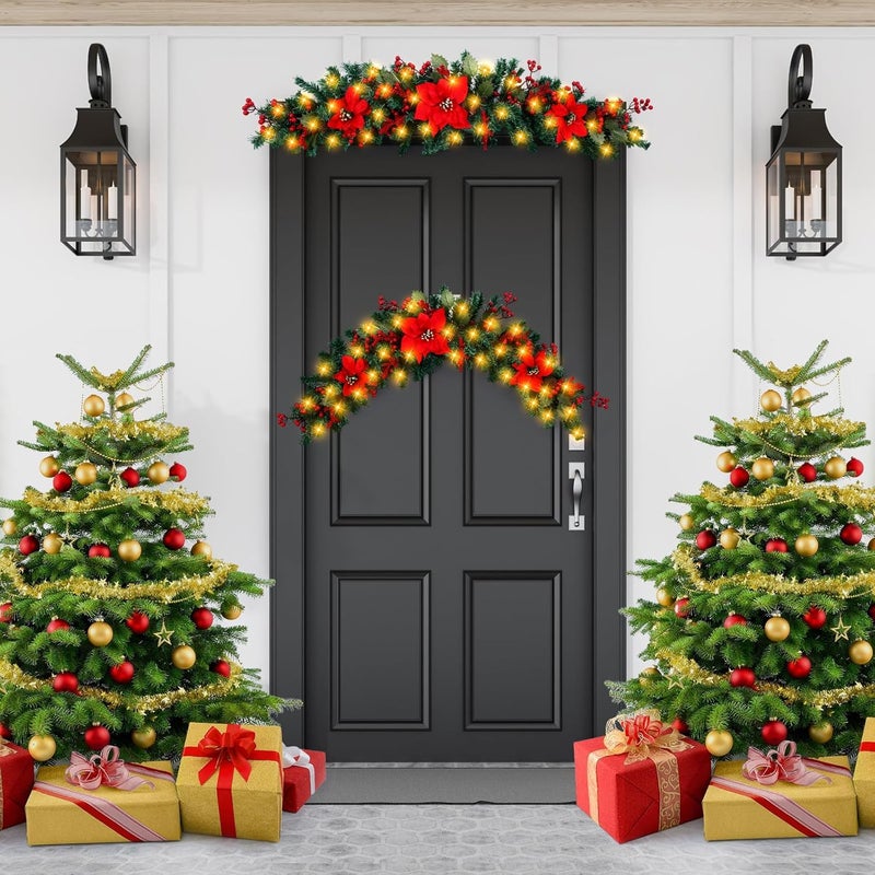 Sliner 2 Pack 45 Christmas Swag for Front Door LED Poinsettia Artificial Swag Garland Decoration with Pine Berries for Indoor Outdoor Window Wall Fireplace Mantle Xmas Home Hanging Decor - Image 4
