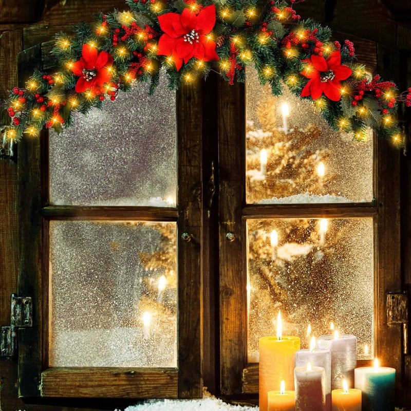 Sliner 2 Pack 45 Christmas Swag for Front Door LED Poinsettia Artificial Swag Garland Decoration with Pine Berries for Indoor Outdoor Window Wall Fireplace Mantle Xmas Home Hanging Decor - Image 3
