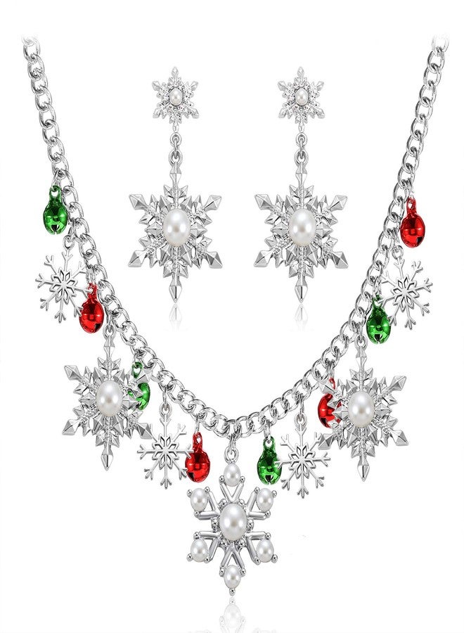 NLCAC Christmas Necklace Pearl Snowflake Collar Necklace with Snowflake Drop Earrings Santa Holiday Novelty Jewelry for Women (Pearl Snowflake) - Image 1