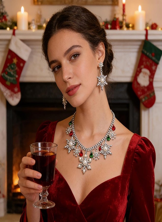 NLCAC Christmas Necklace Pearl Snowflake Collar Necklace with Snowflake Drop Earrings Santa Holiday Novelty Jewelry for Women (Pearl Snowflake) - Image 2
