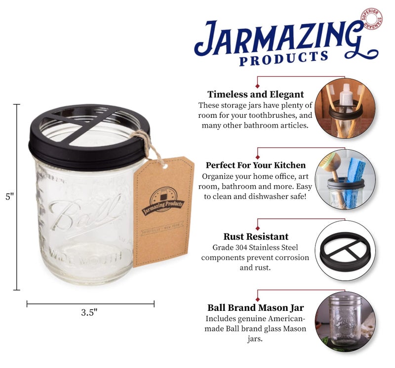 Jarmazing Products Mason Jar Toothbrush Holder â€“ Black â€“ with 16 Ounce Ball Mason Jar â€“ Made from Rust-Proof Stainless Steel - Image 2