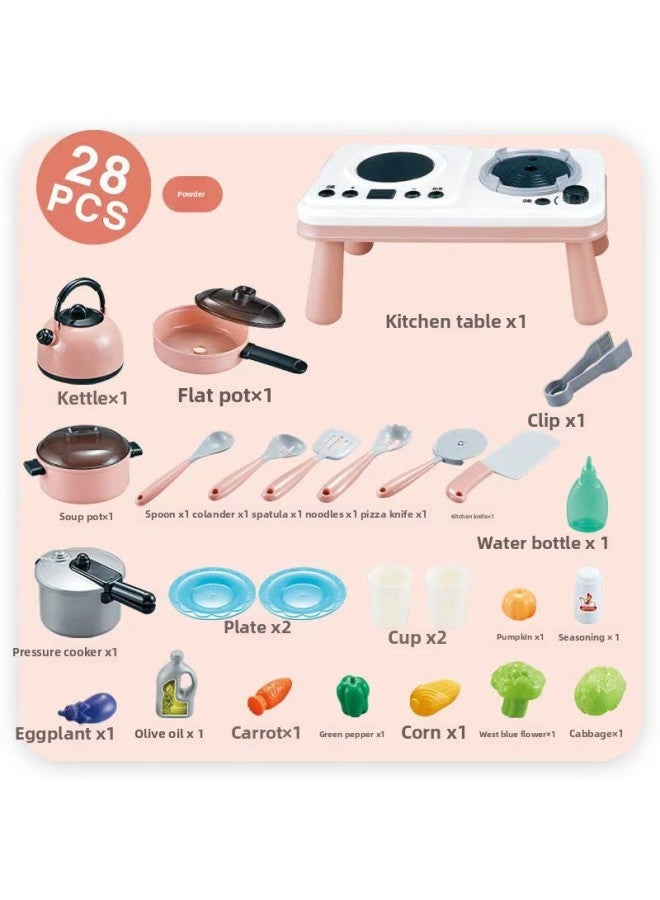 Children's Playhouse Kitchenette Toy Set Cutting Vegetables Cooking Cooking Baby Cutting Fruit Boys And Girls Simulation Kitchenware-Specifications:【Pink】 Kitchen Table 28-piece Set-with Light Sound - Image 1