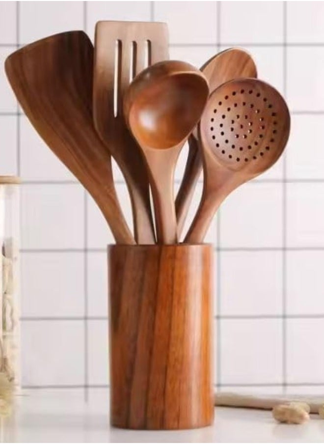 Wooden Cooking Utensils Set - 6 Piece Bamboo Kitchen Tools with Holder - Dark Brown Cooking Utensils Set for Nonstick Pots and Pans - Heat Resistant Wooden Spatulas and Spoons