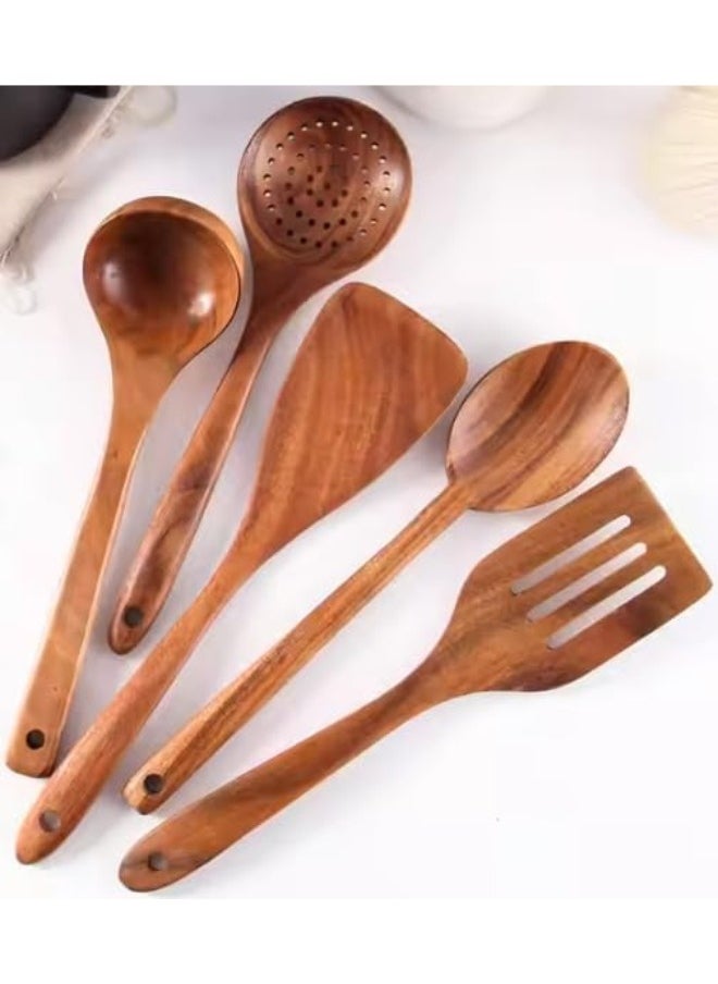 Wooden Cooking Utensils Set - 6 Piece Bamboo Kitchen Tools with Holder - Dark Brown Cooking Utensils Set for Nonstick Pots and Pans - Heat Resistant Wooden Spatulas and Spoons