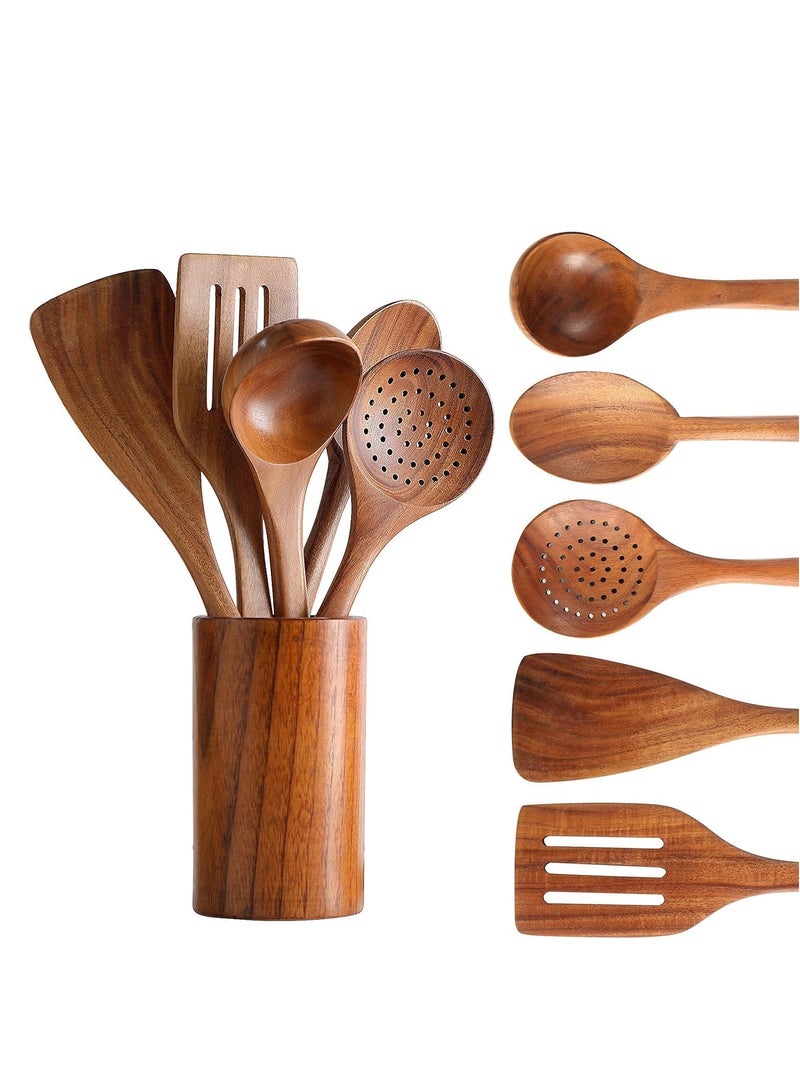 Wooden Cooking Utensils Set - 6 Piece Bamboo Kitchen Tools with Holder - Dark Brown Cooking Utensils Set for Nonstick Pots and Pans - Heat Resistant Wooden Spatulas and Spoons  - Image 1