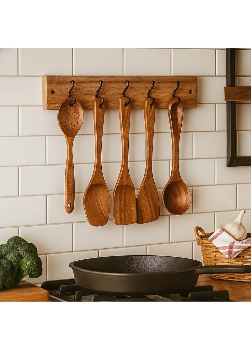 Wooden Cooking Utensils Set - 6 Piece Bamboo Kitchen Tools with Holder - Dark Brown Cooking Utensils Set for Nonstick Pots and Pans - Heat Resistant Wooden Spatulas and Spoons  - Image 3