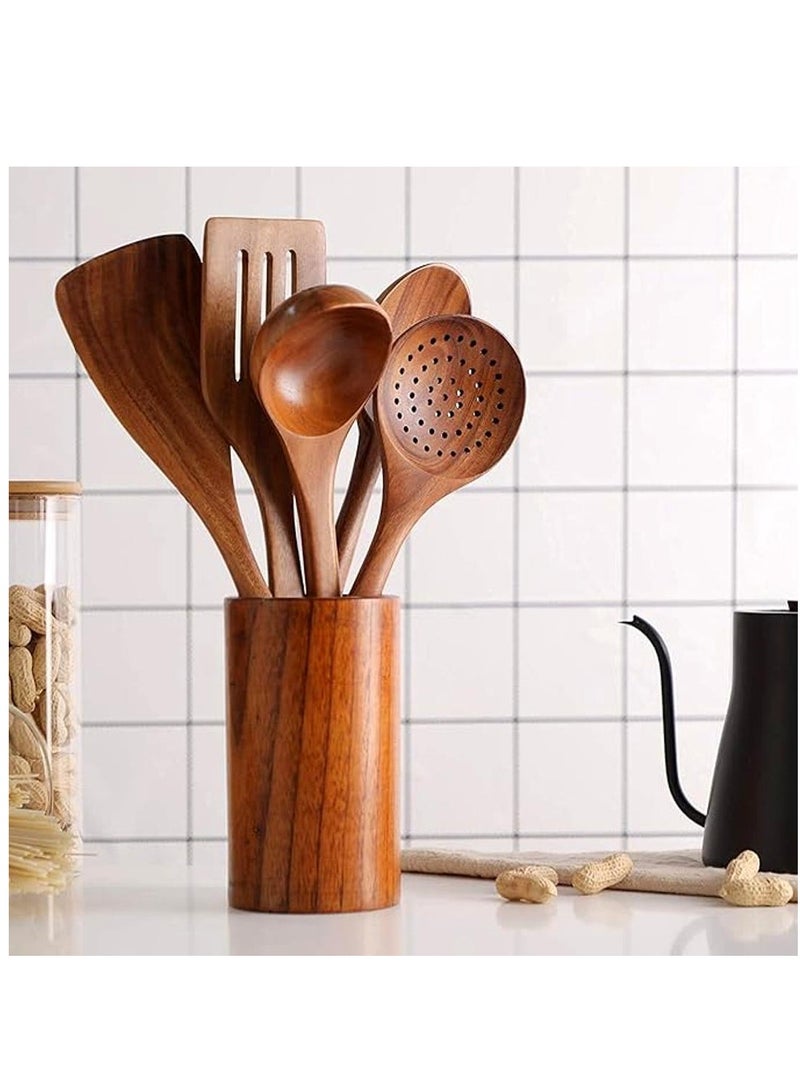 Wooden Cooking Utensils Set - 6 Piece Bamboo Kitchen Tools with Holder - Dark Brown Cooking Utensils Set for Nonstick Pots and Pans - Heat Resistant Wooden Spatulas and Spoons  - Image 2