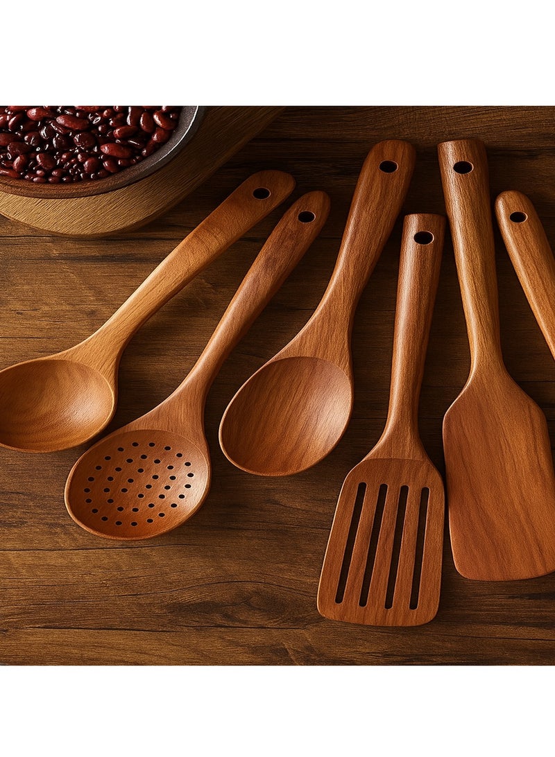 Wooden Cooking Utensils Set - 6 Piece Bamboo Kitchen Tools with Holder - Dark Brown Cooking Utensils Set for Nonstick Pots and Pans - Heat Resistant Wooden Spatulas and Spoons  - Image 5