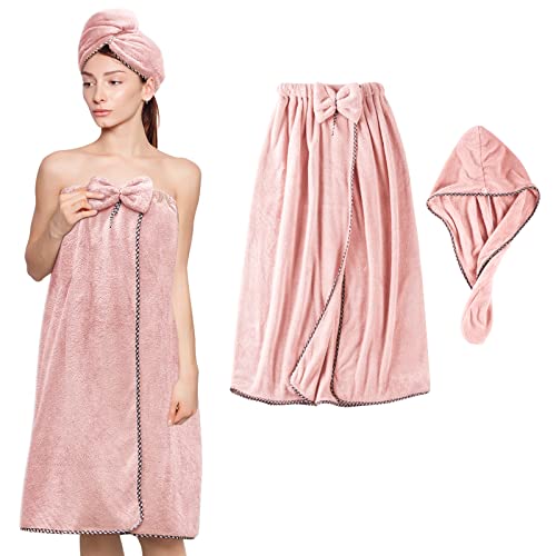 KOIKEY Hair Towel Women Bath Wrap - Adjustable Microfiber Super Absorbent to Quick Drying Hair and Body for Gym, Spa, Sauna and Shower After Body Cover, Pink - Image 1