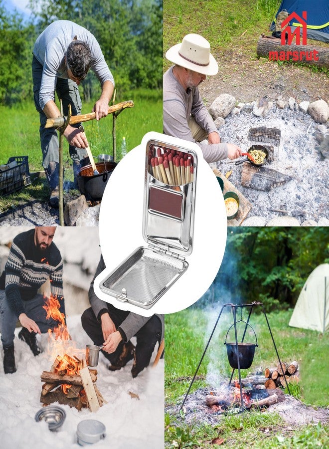 Marsrut 2Pcs Metal Match Box Case, Stainless Steel Matchboxes, Vintage Matchstick Holder with Friction Plate Striker, Portable Mini Reusable One Button Waterproof Storage Starter for Fireplace Outdoor Camping - Image 4