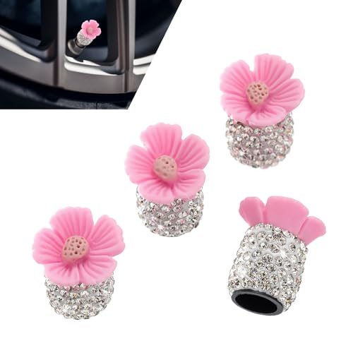 Dogary 4 PC Bling Valve Stem Caps Cute Sakura Flower Car Wheel Tire Valve Attractive Bling Dustproof Auto Air Cap Covers Universal for Cars Trucks Bicycle and Motorcycles Pink - Image 1