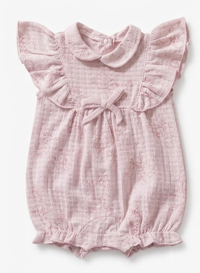 Full moon Baby Girl Pink Muslin Romper with Ruffle Sleeves and Bow code 15990