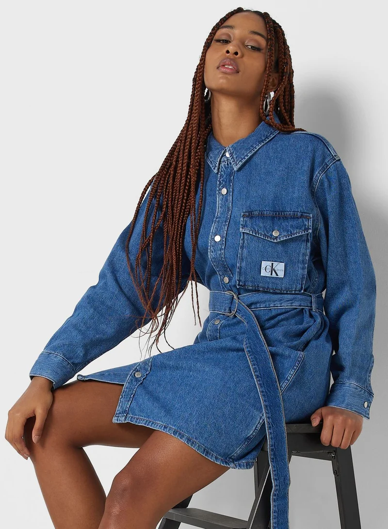 Calvin Klein Jeans Belted Pocket Detail Denim Dress