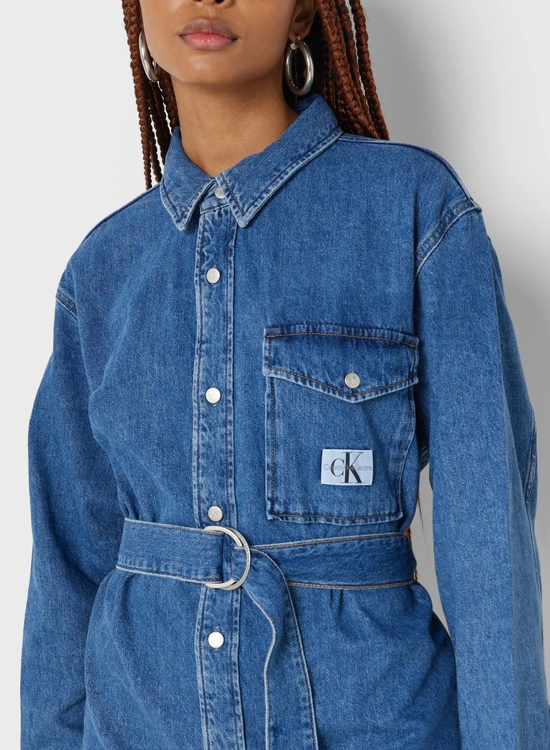 Calvin Klein Jeans Belted Pocket Detail Denim Dress
