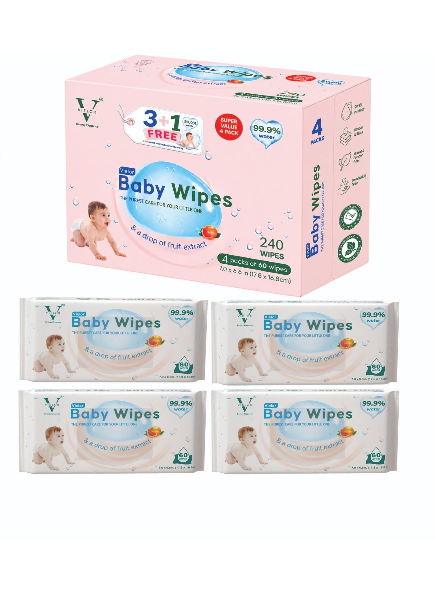 Vielor Baby Wipes 99.9% Water with Fruit Extract – Mega Deal 3+1 Free | Soft & Gentle Baby Skin Wipes (240 Wipes) | Baby Essentials