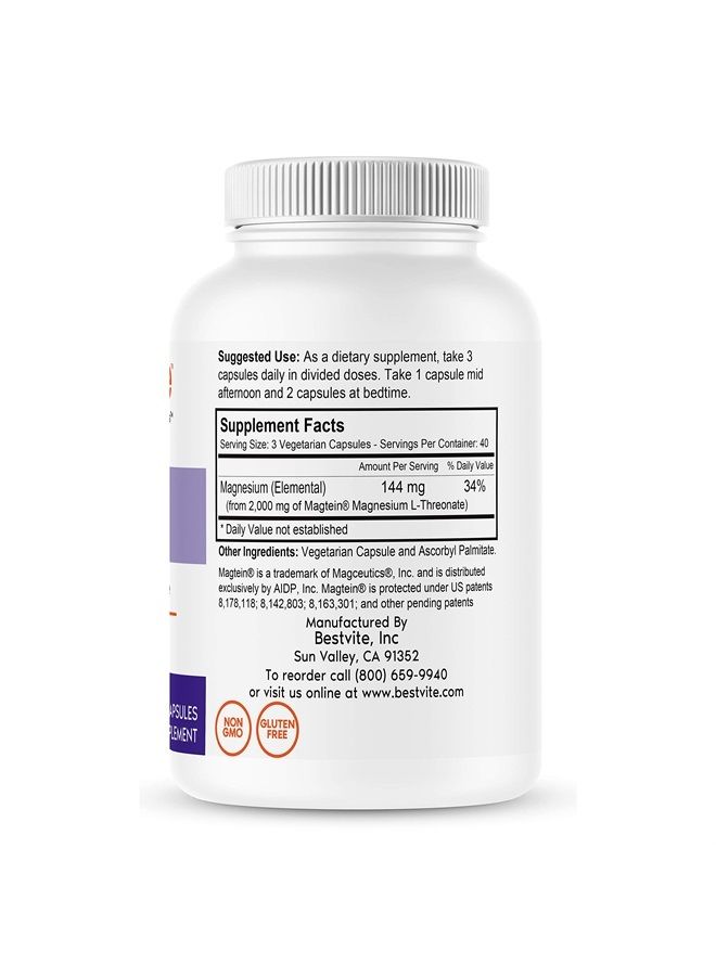 BESTVITE Magtein Magnesium L-Threonate Capsules - 2000mg per Serving (120 Vegetarian Capsules) - Patented and Bioavailable Magnesium - No Stearates - No Fillers - Vegan - Non GMO - Gluten Free - Image 2