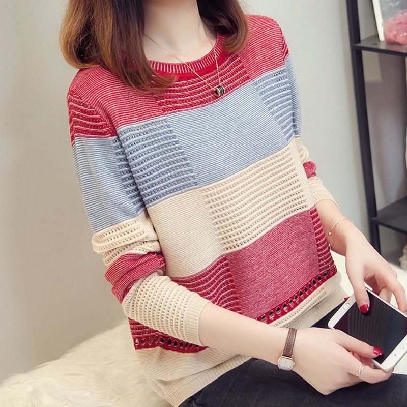 2023 Spring and Summer Womens Korean-style Colorblock Loose Striped Long-sleeved Hollow Sweater Womens Thin Sweater Pullover Red [no pilling-no fading] 
