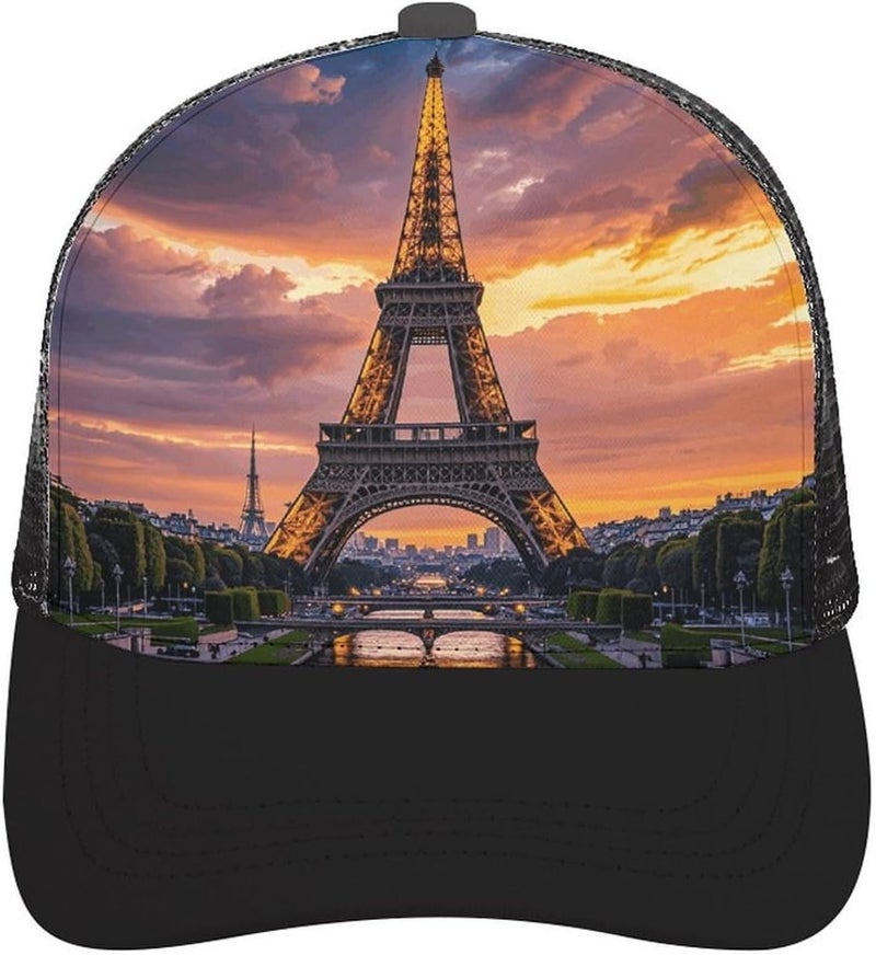 Beautiful Eiffel Tower Paris Baseball Cap Black Mesh Snapback Hat Sun Protection Golf Trucker Hat for Men Women - Image 1