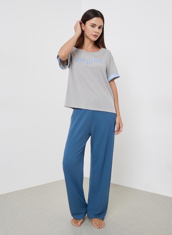 Styli Text Embroidery Detail T-Shirt and Solid Pyjama Set - Image 1