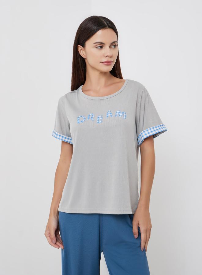 Styli Text Embroidery Detail T-Shirt and Solid Pyjama Set - Image 2