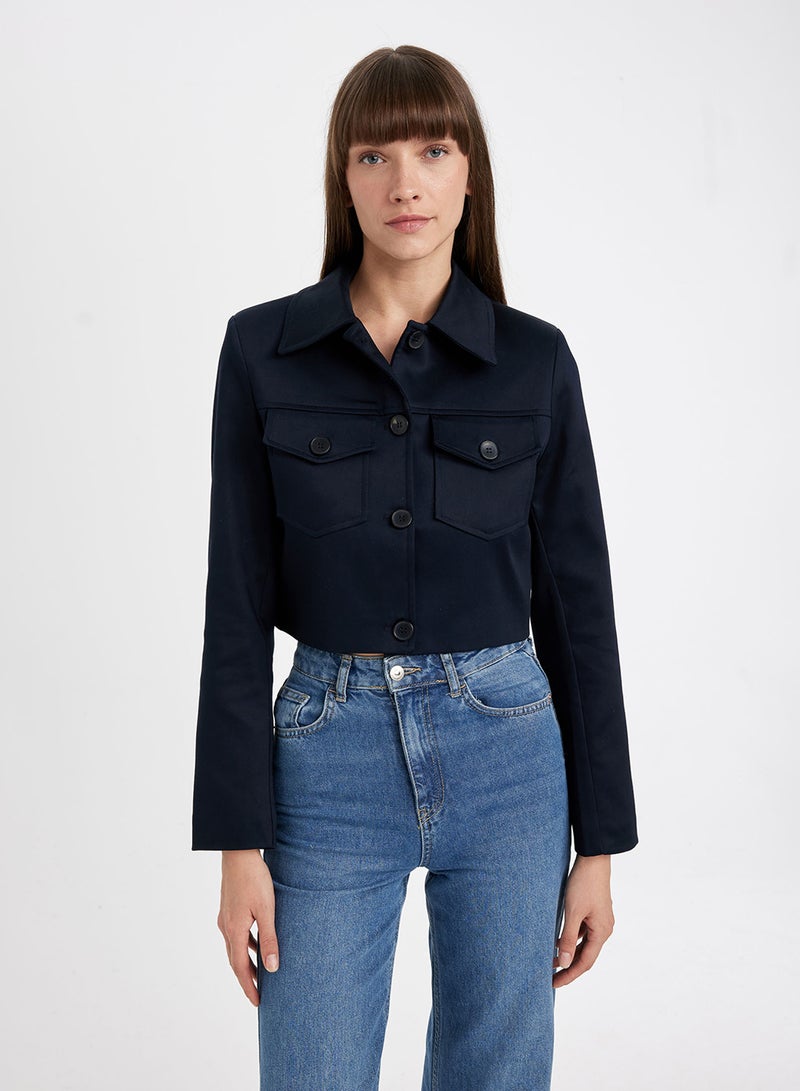 DeFacto Cropped Shirt Collar Button-Up Pocket Detailed Blazer Jacket  - Image 1