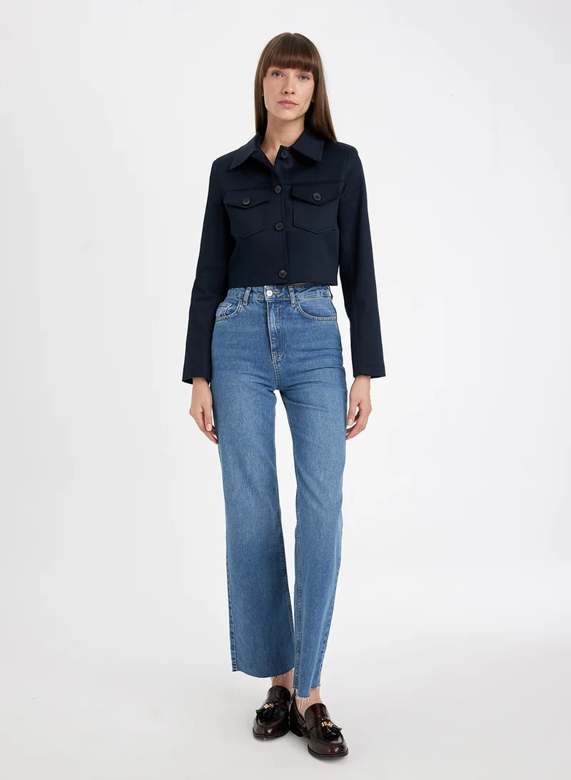 DeFacto Cropped Shirt Collar Button-Up Pocket Detailed Blazer Jacket