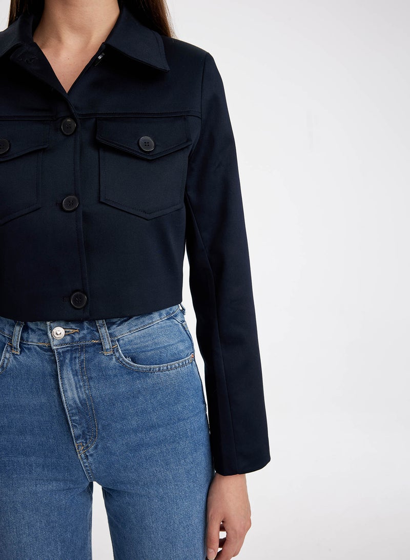 DeFacto Cropped Shirt Collar Button-Up Pocket Detailed Blazer Jacket  - Image 2
