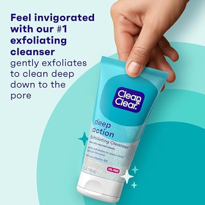 Clean & Clear Oil-Free Deep Action Exfoliating Facial Cleanser with Pro-Vitamin B5, Gentle Exfoliating Daily Face Wash Cleans Deep for Soft, Smooth, Hydrated Skin, Paraben-Free, 5 fl. oz - Image 2