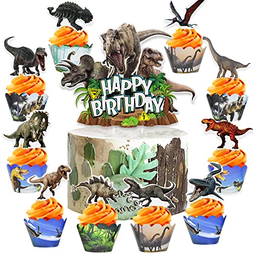 Animsco Dinosaur Cake Toppers Decorations 49 Pcs Cupcake Wrappers Baby Shower Kids Party Supplies - Image 1