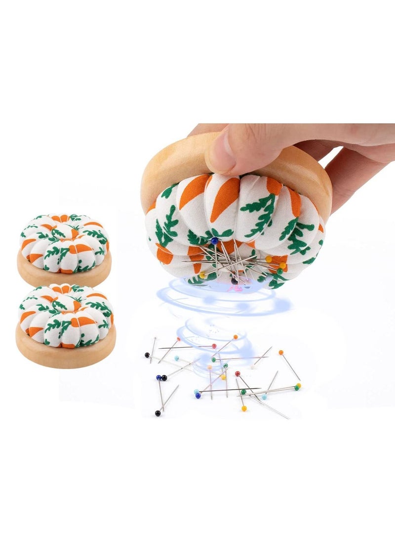 Y&D - 2PCS Pin Cushion, Wooden Base Needle Pincushions Carrot Pattern Style Round Cushion for Sewing Holders or DIY Crafts - Image 1